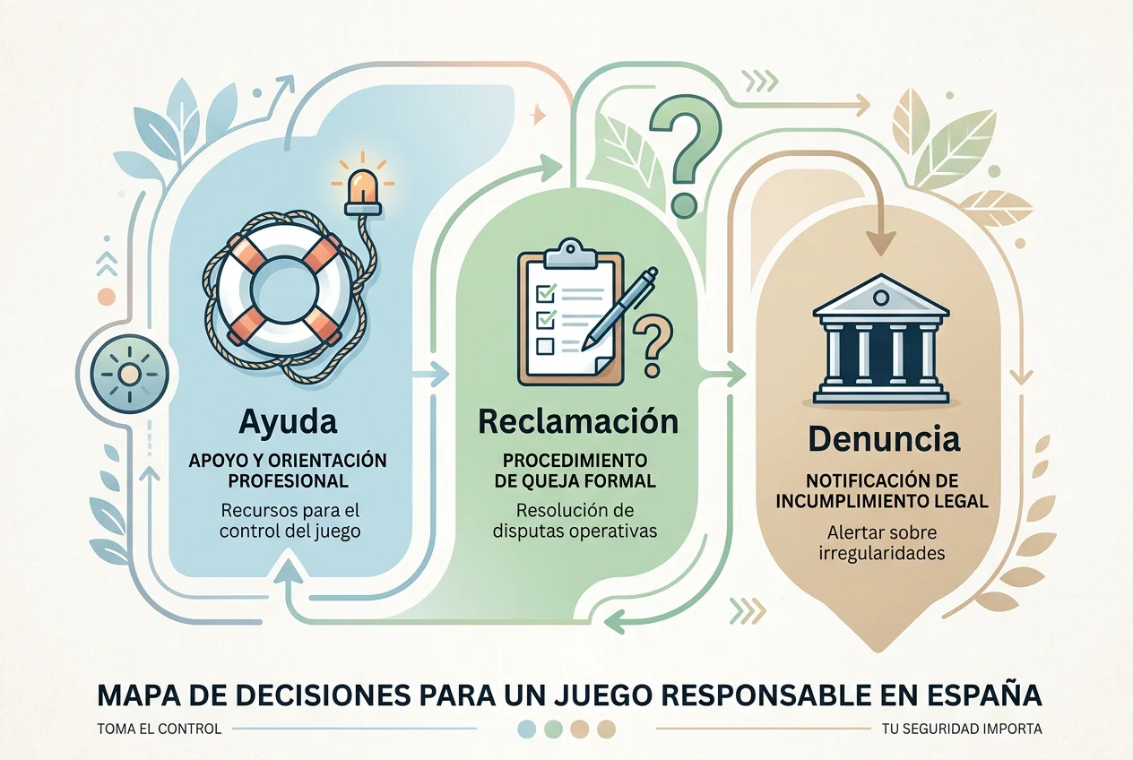 Mapa de decisiones con rutas hacia ayuda, reclamación y denuncia responsable