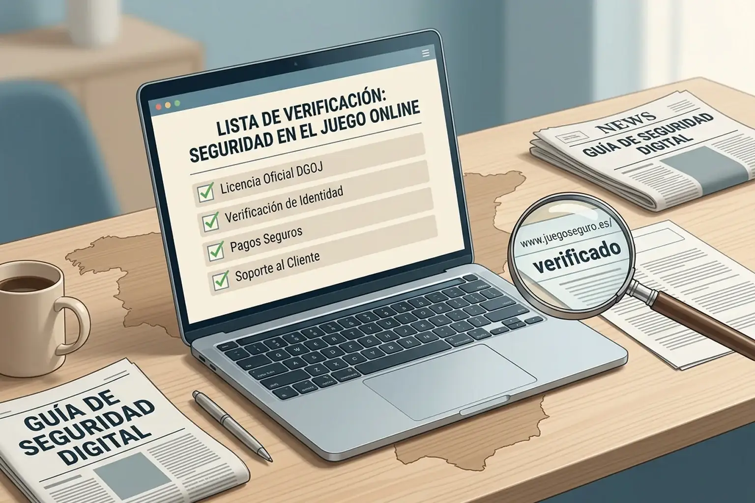 Mesa editorial con lista de comprobación, portátil y señales de prudencia sobre juego online